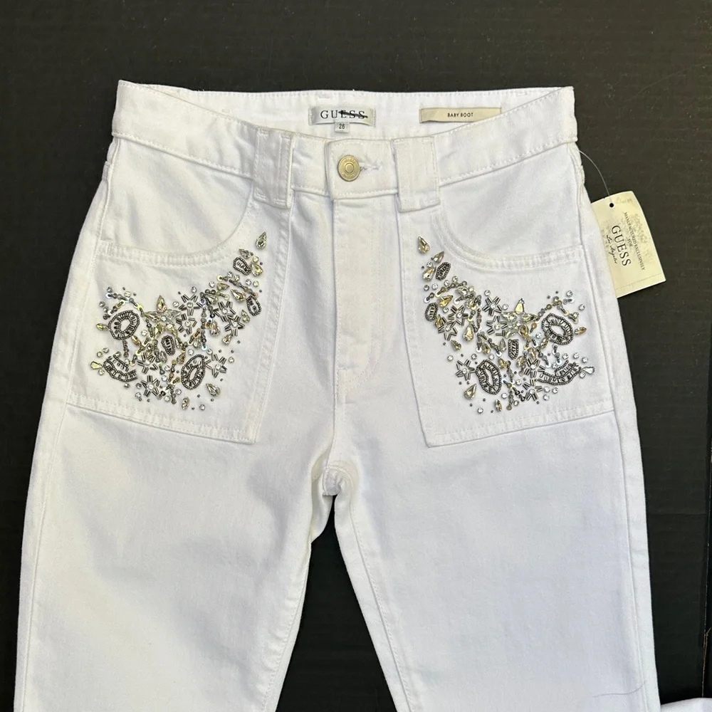 New Guess White Flare Jeans with Floral Embroidery SZ 26 - Picture 5 of 11